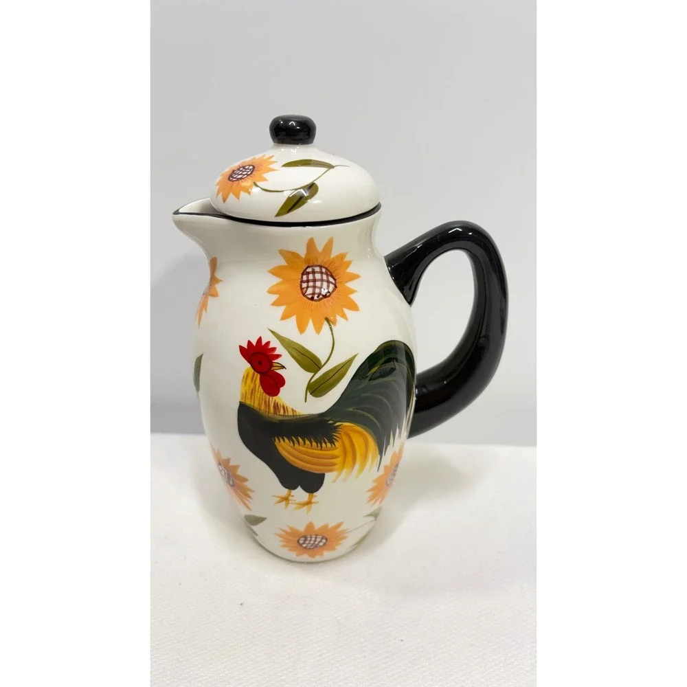 Casa Vero by ACK Hand Painted Rooster Sunflower Ceramic Pitcher with Lid 10 in